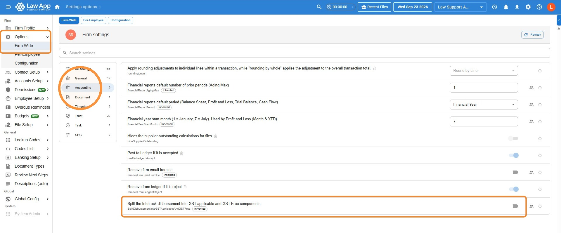Law App Firm-Wide settings with the Accounting category selected and the Split the Infotrack disbursement into GST applicable and GST Free components toggle highlighted