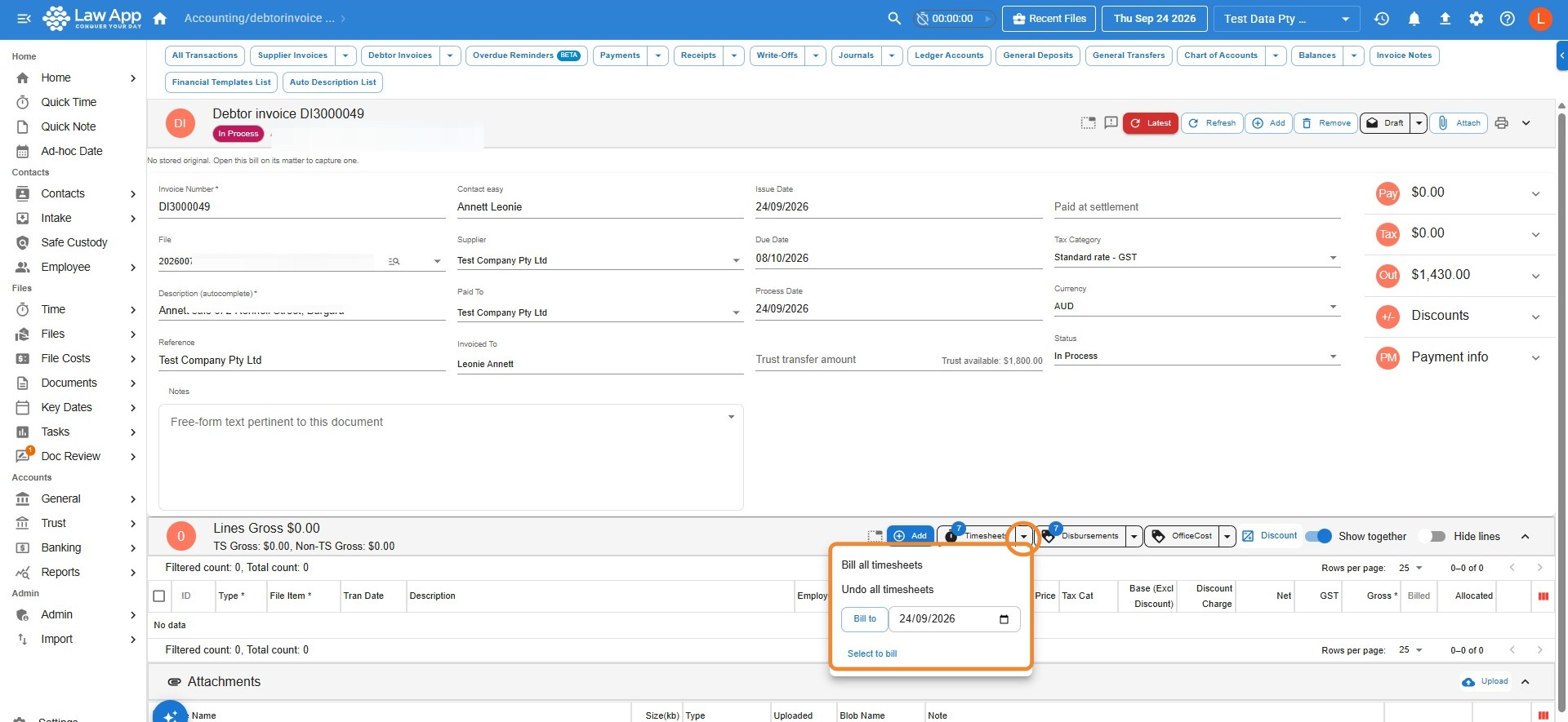Debtor invoice lines section in Law App with the Timesheets dropdown open, showing Bill all timesheets, Undo all timesheets, Bill to with a date, and Select to bill