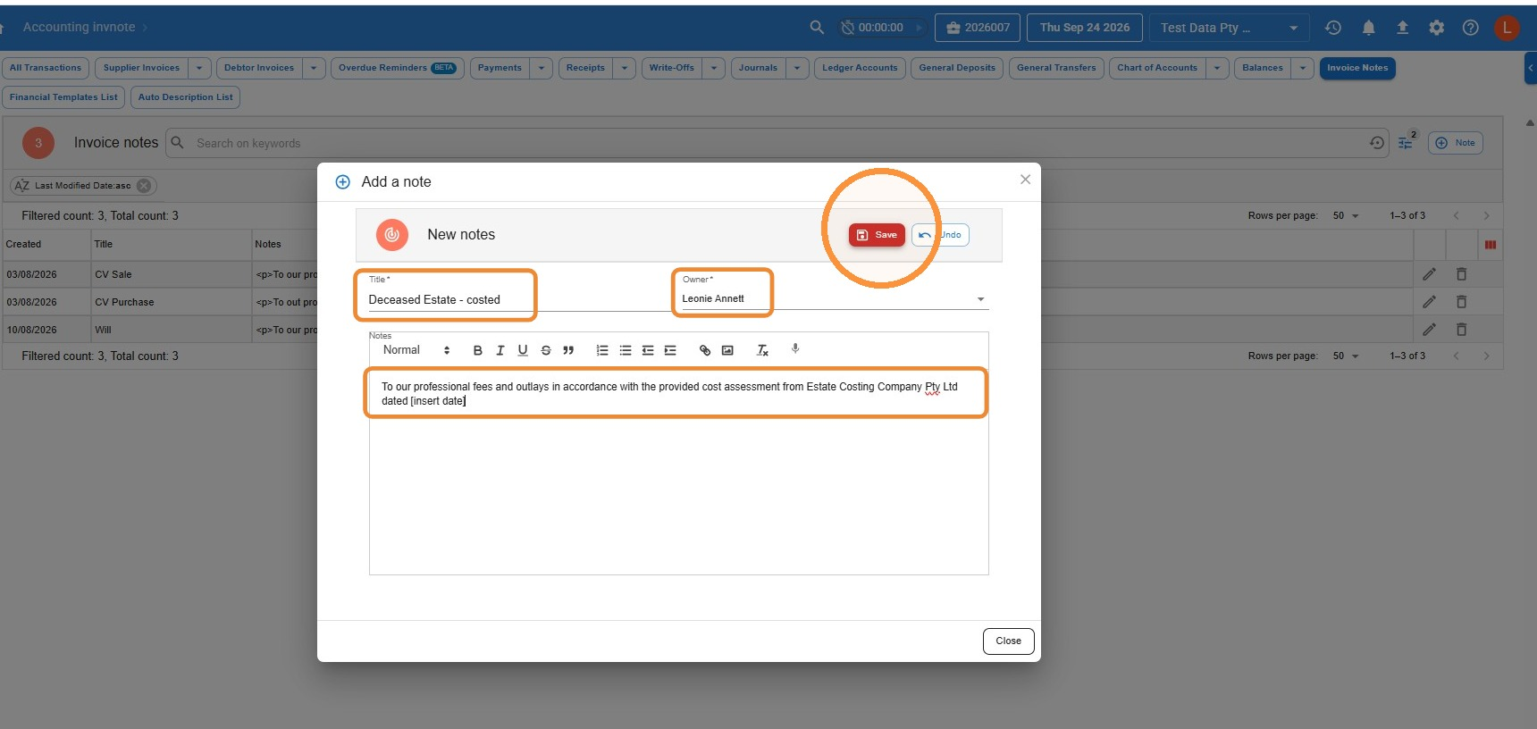 Add a note dialog in Law App with the Title, Owner and Notes fields filled in and the Save button circled