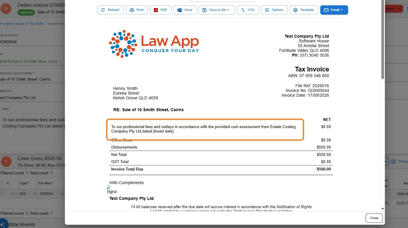 Tax invoice print preview in Law App with the Invoice Note description highlighted above the Office Costs and Disbursements lines