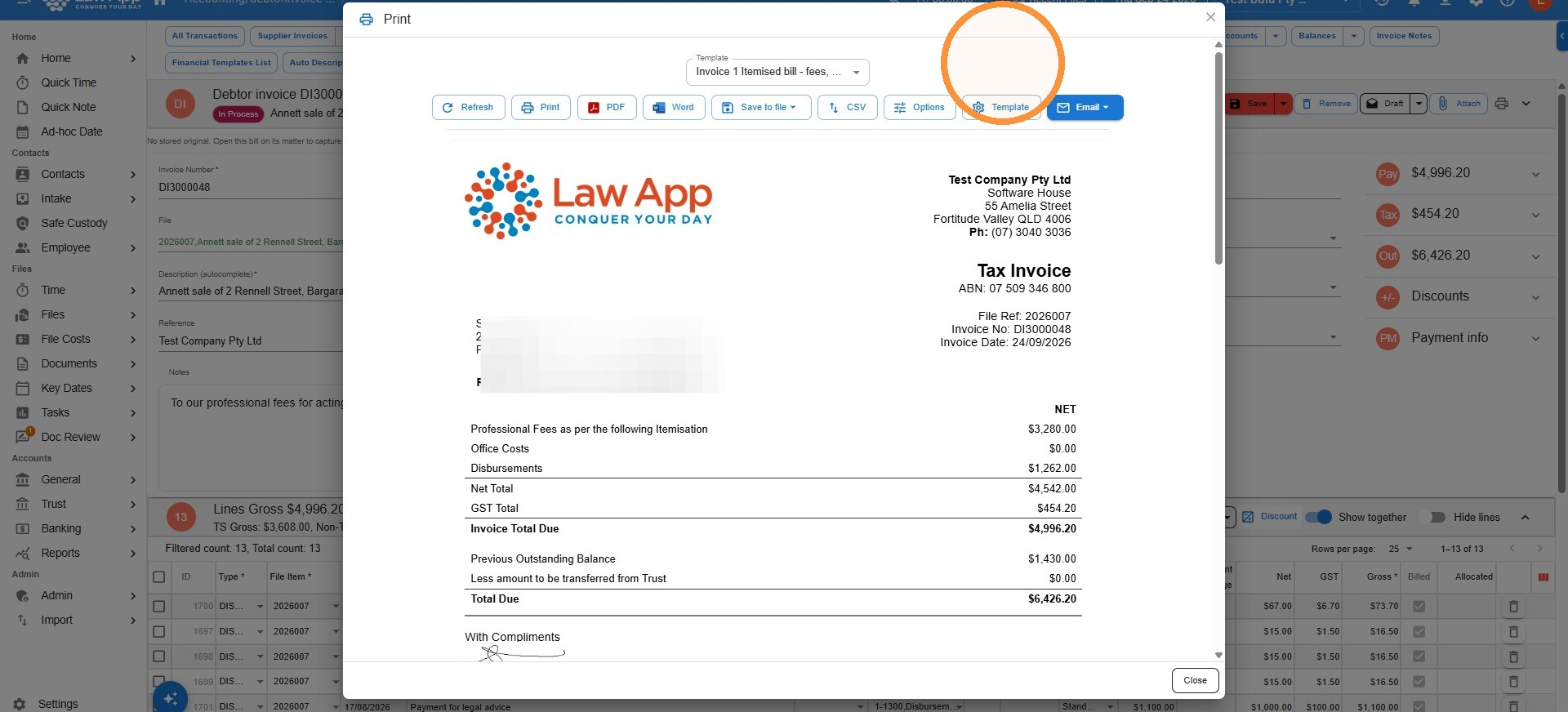 Print window in Law App showing the Template list, the Refresh, Print, PDF, Word, Save to file, CSV, Options, Template and Email buttons, and a tax invoice preview