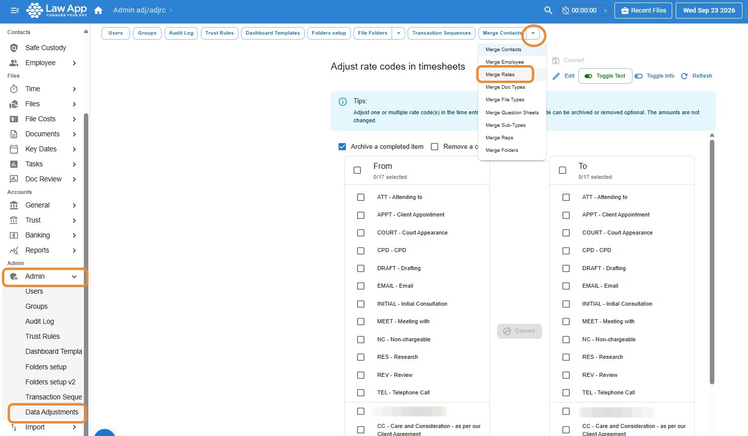Law App Admin menu with Data Adjustments highlighted, and the Merge Contacts dropdown open at the top of the screen with Merge Rates highlighted