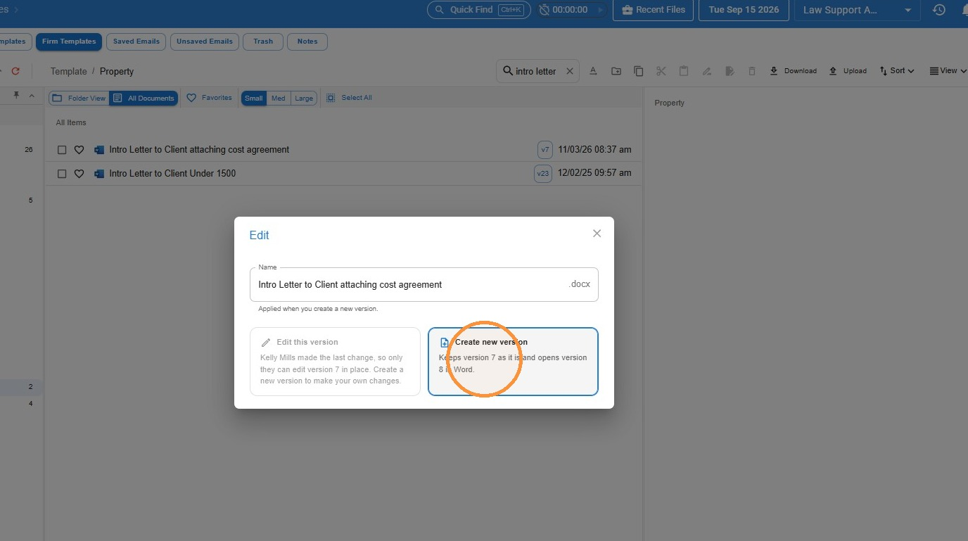 Edit dialog for the template with the Create new version option circled