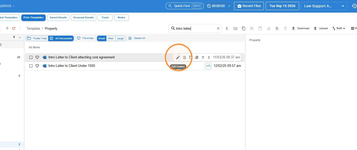 Firm Templates search result row with the Edit Content pencil icon circled