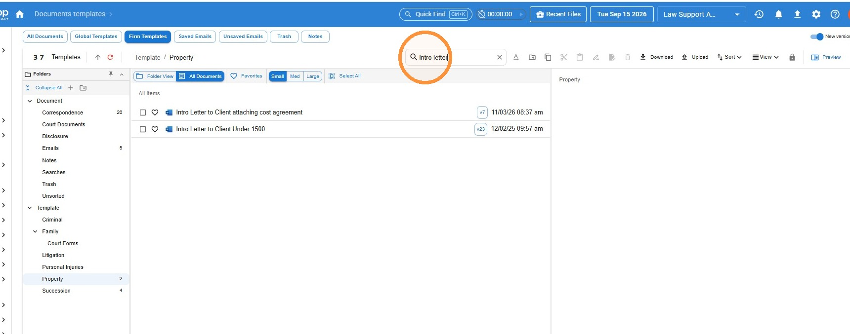 Firm Templates list for the Property folder with the search box showing a template name search circled