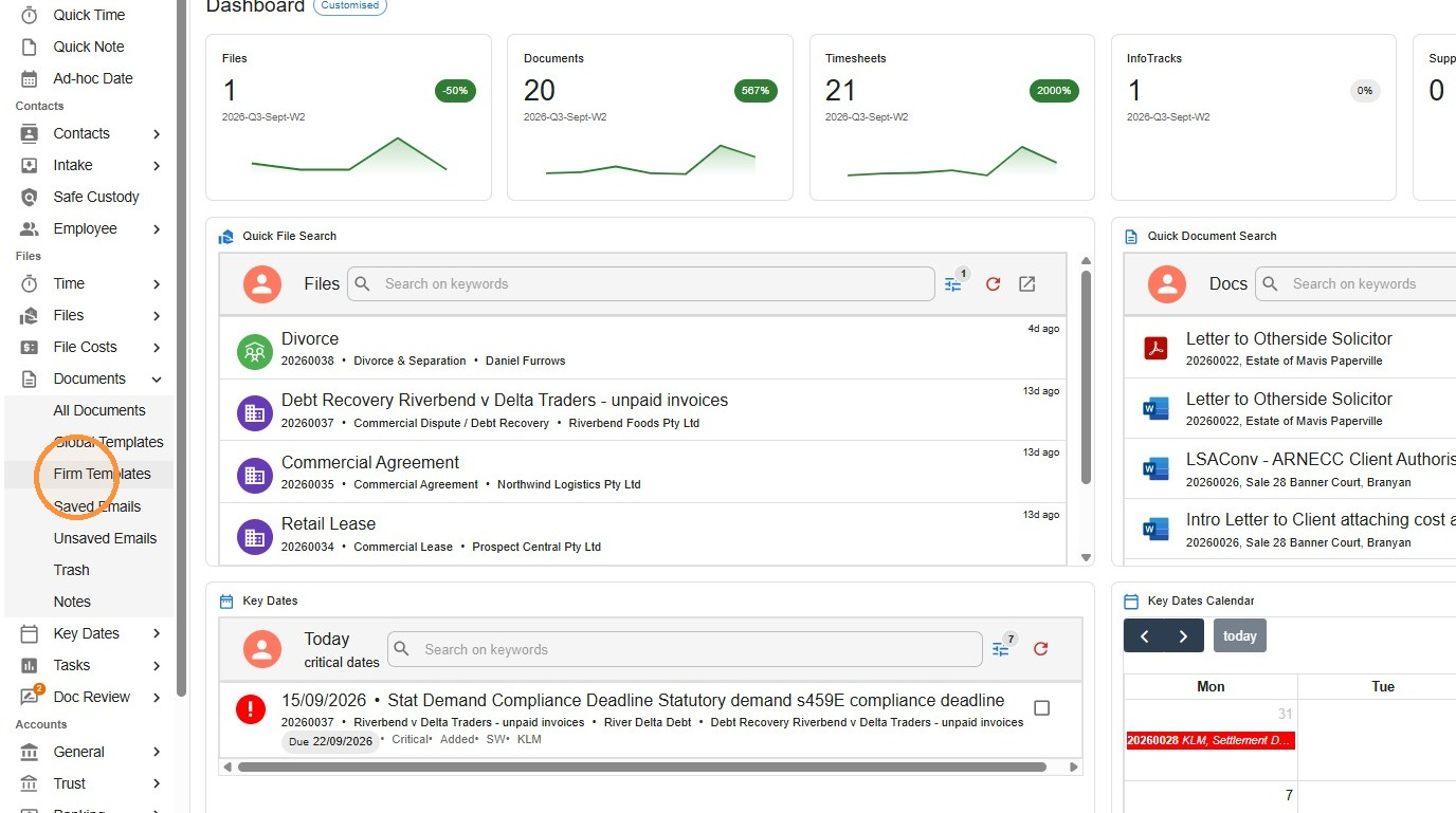Law App dashboard with the left navigation Documents menu expanded and Firm Templates circled