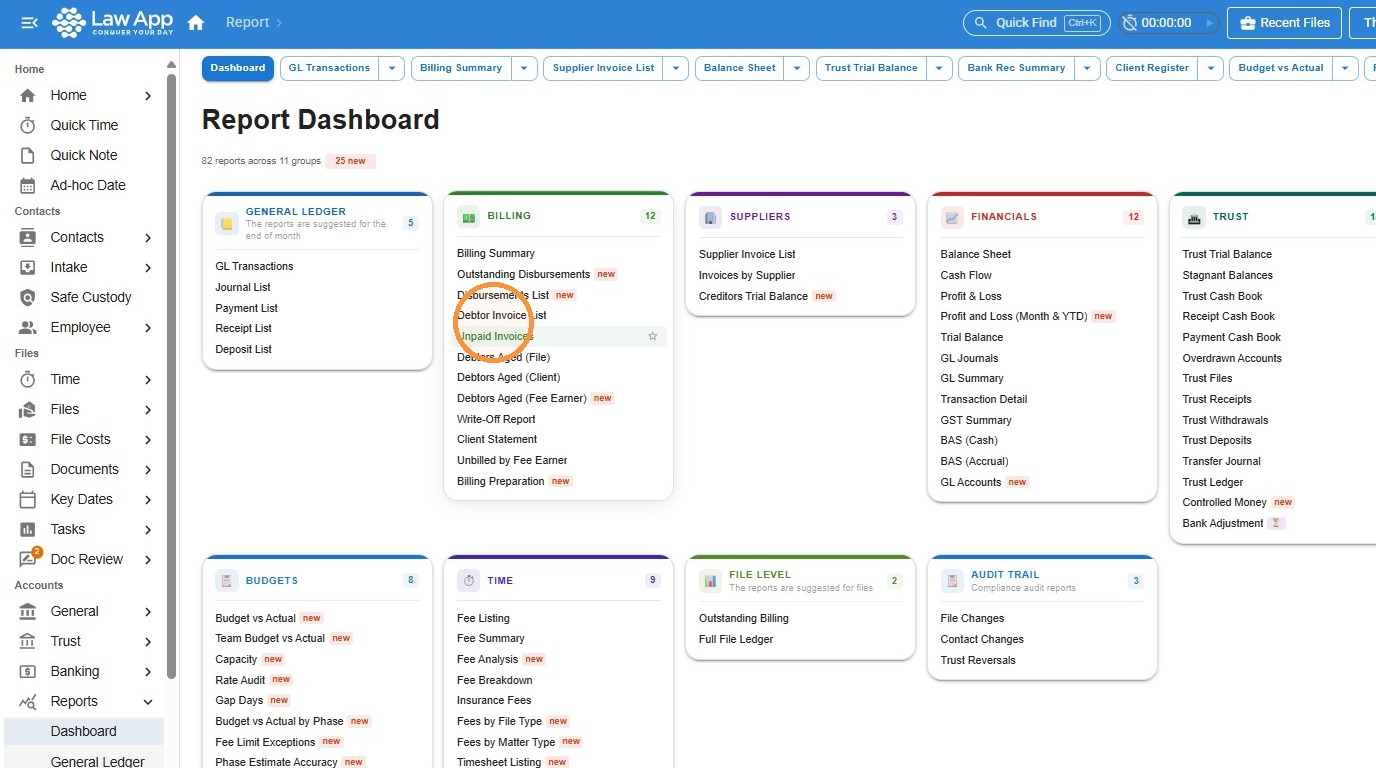 Report Dashboard in Law App with Unpaid Invoices circled under the Billing group of reports