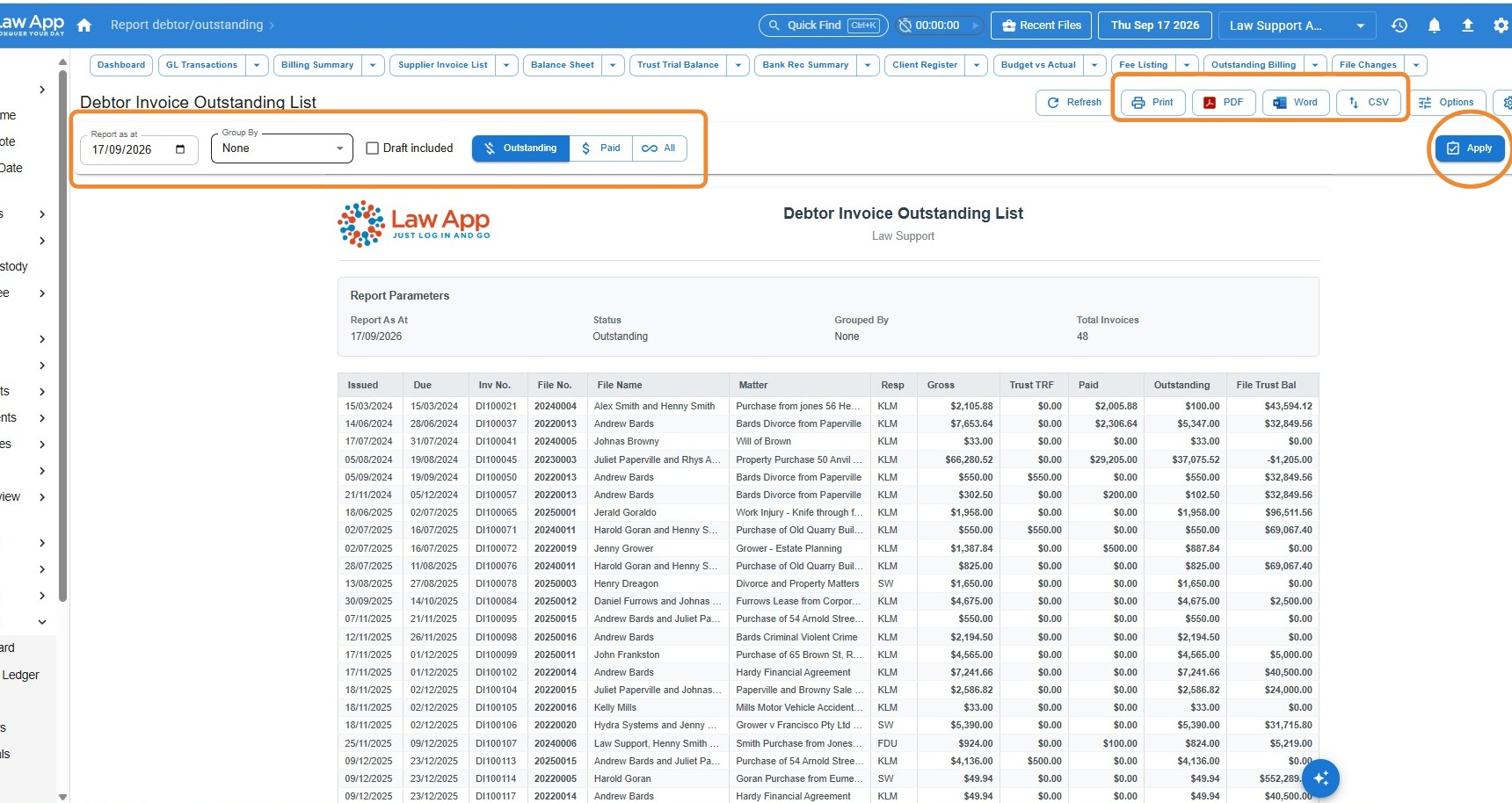 Debtor Invoice Outstanding List report with the Report as at date, Group By, Draft included and Outstanding/Paid/All filters circled, along with the Print, PDF, Word and CSV export buttons