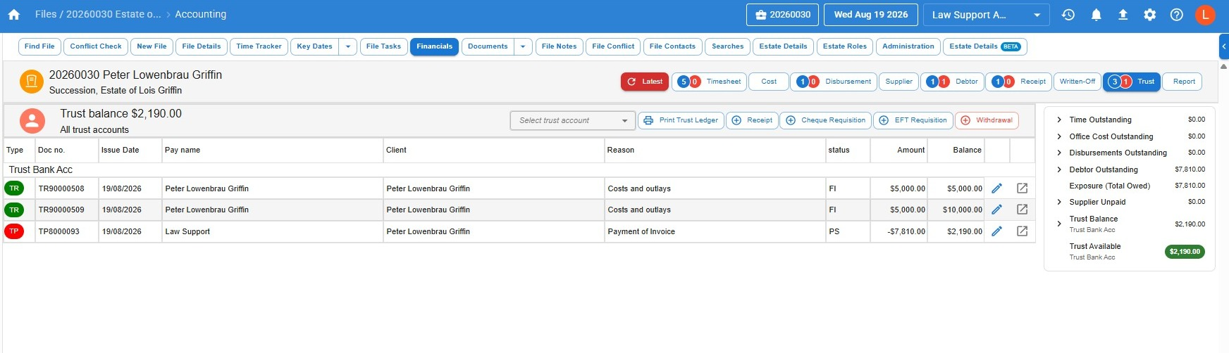 Trust ledger on the file showing a duplicate receipt still included, before it is identified and reversed