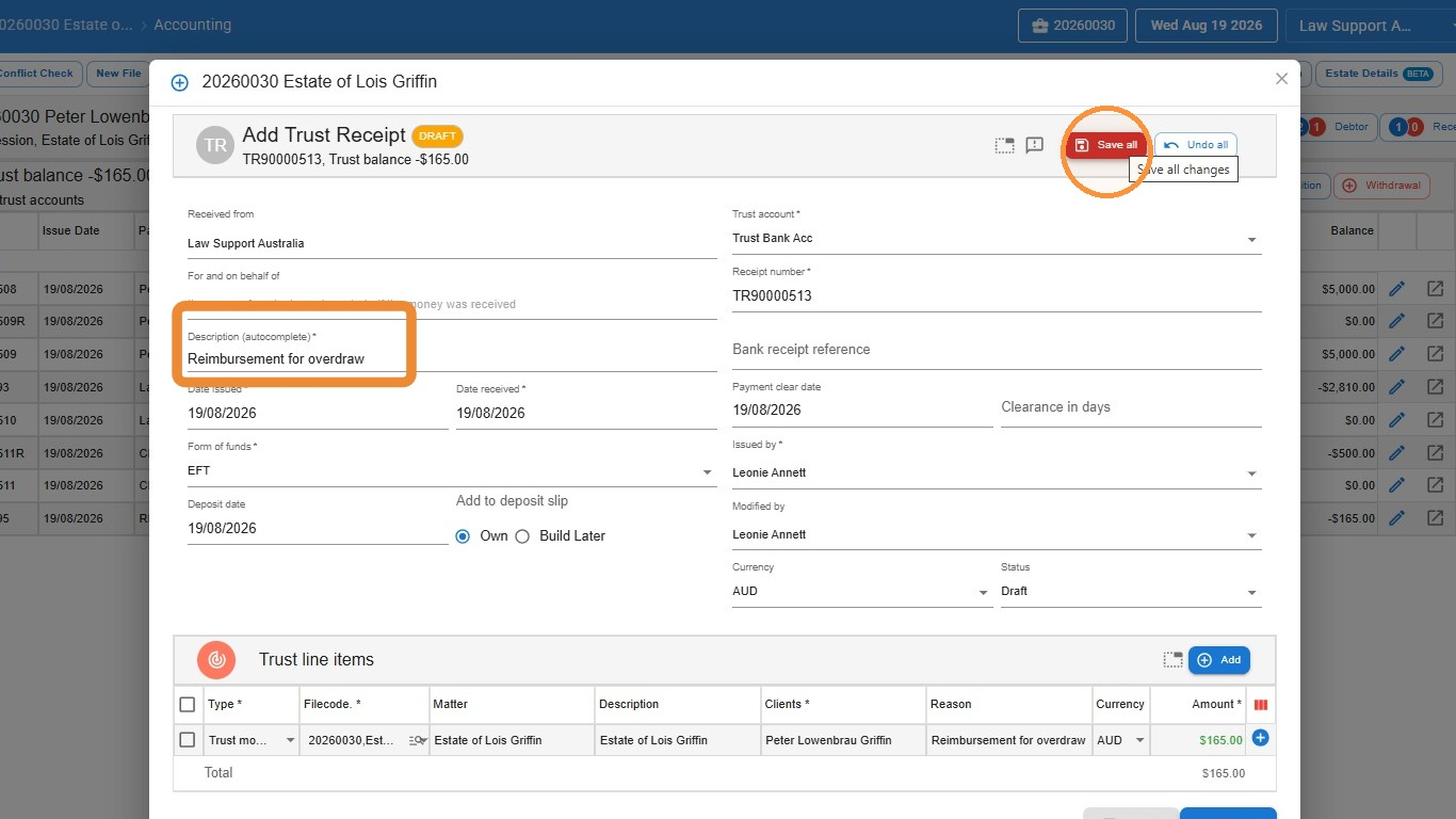 Add Trust Receipt screen recording the funds transferred from the general account, with Save highlighted