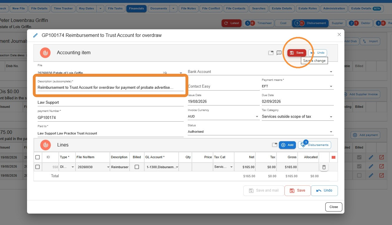 Disbursement payment screen recording the reimbursement to the trust account for the outlay