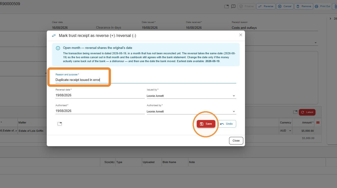 Reverse trust receipt dialog with the reversal reason entered and Save highlighted