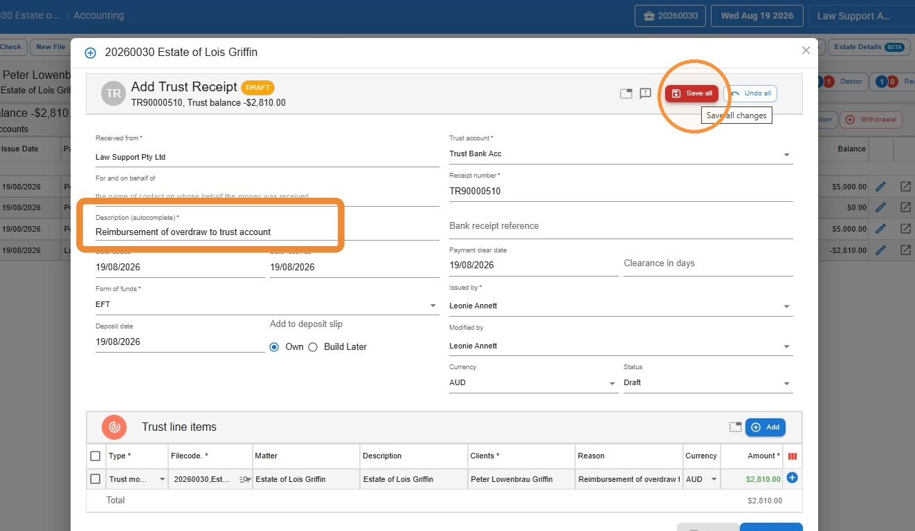 Add Trust Receipt screen recording the funds transferred from the general account, with Save highlighted