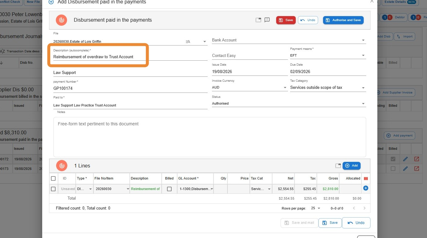 Disbursement payment screen recording the reimbursement to the trust account