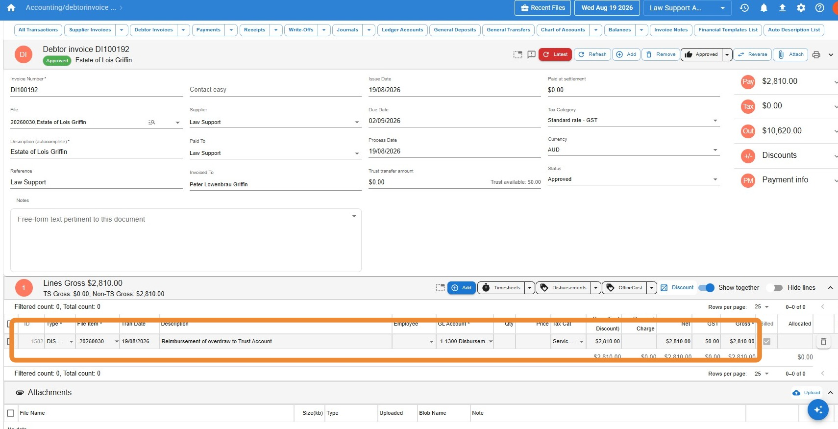Debtor invoice billing only the disbursement, reinstating the debtor balance on the file