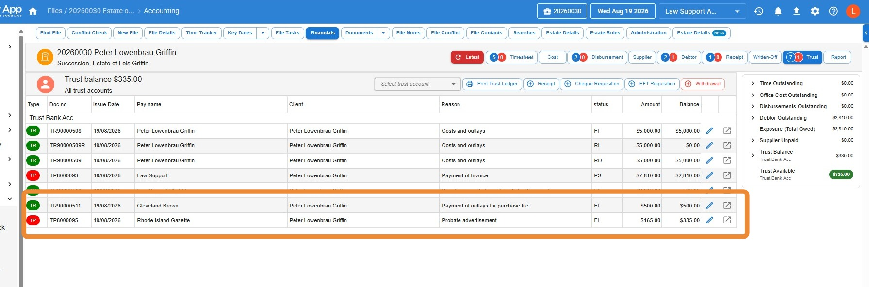 Trust ledger on the file before the incorrectly receipted funds are identified and reversed