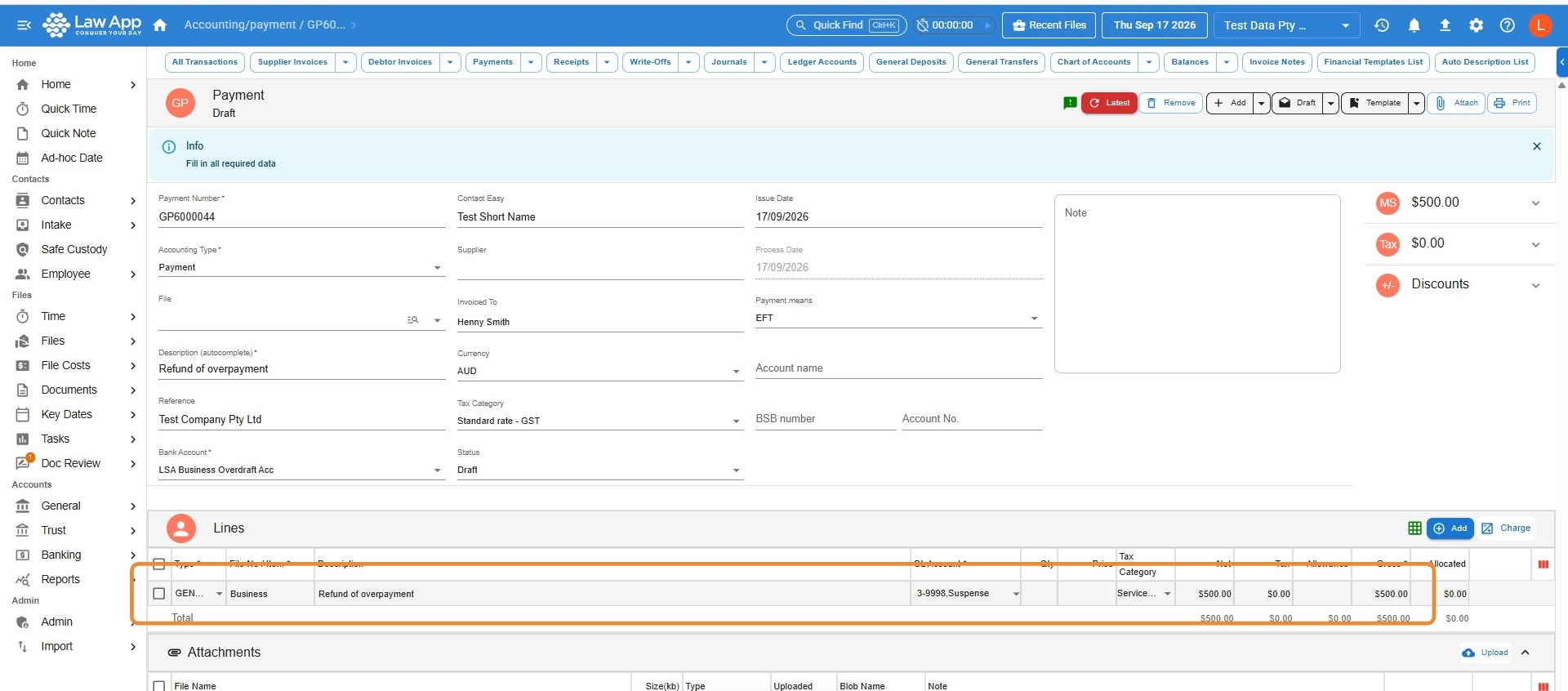 General payment in Law App for a refund of overpayment, with the line against the Suspense account circled