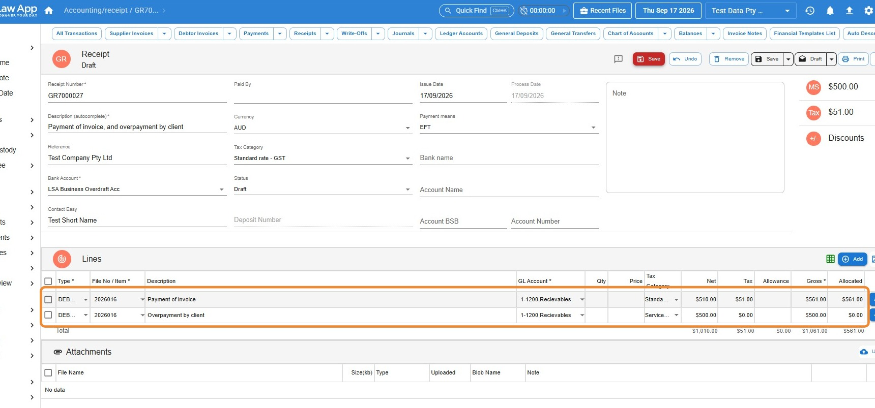Debtor receipt in Law App with both the payment of invoice line and the overpayment line recorded against the file's Receivables account, circled
