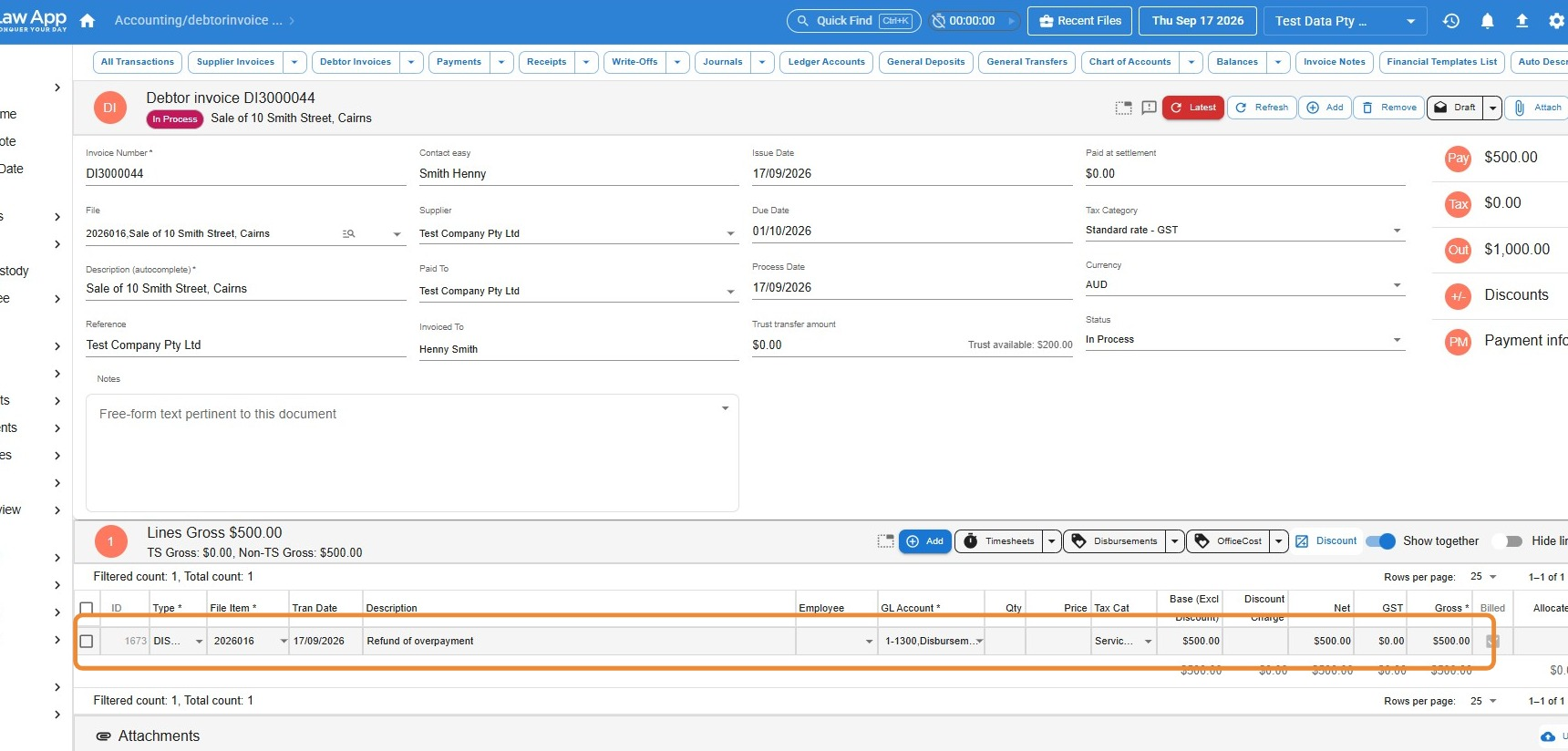Debtor invoice in Law App billing only the disbursement line for the refund of overpayment, circled