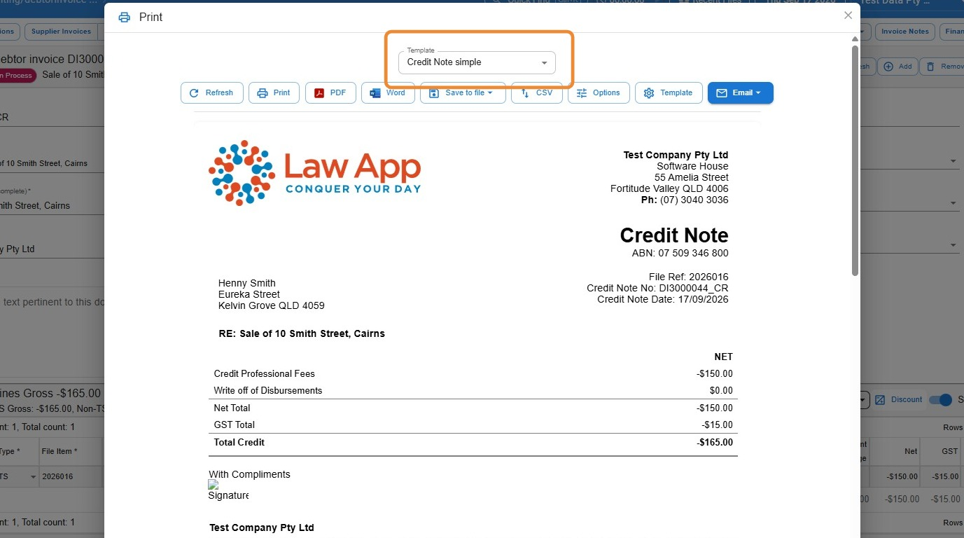 Print dialog in Law App with the Credit Note simple template selected, and the resulting credit note preview showing the credited professional fees, GST and total credit