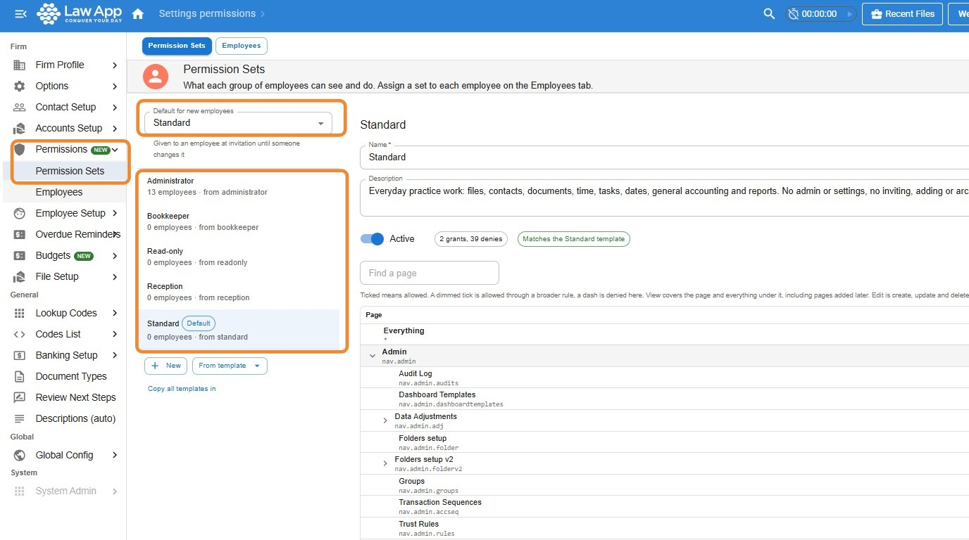 Settings, Permissions, Permission Sets screen in Law App, highlighting the Default for new employees dropdown and the list of permission sets: Administrator, Bookkeeper, Read-only, Reception and Standard