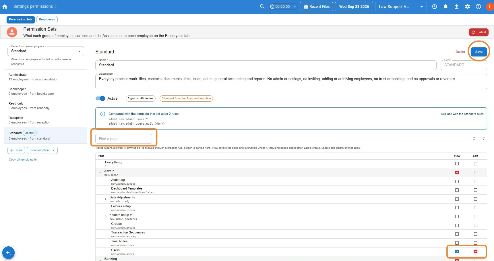 Standard permission set open in Law App, highlighting the Find a page search box, the View and Edit tick boxes for the Users page, and the Save button