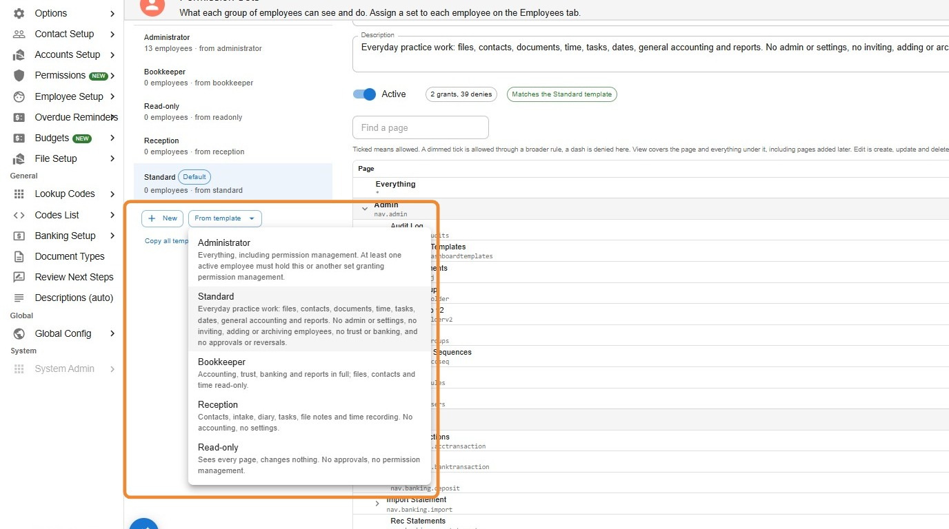 From template dropdown in Law App Permission Sets, listing the Administrator, Standard, Bookkeeper, Reception and Read-only templates with a description of each