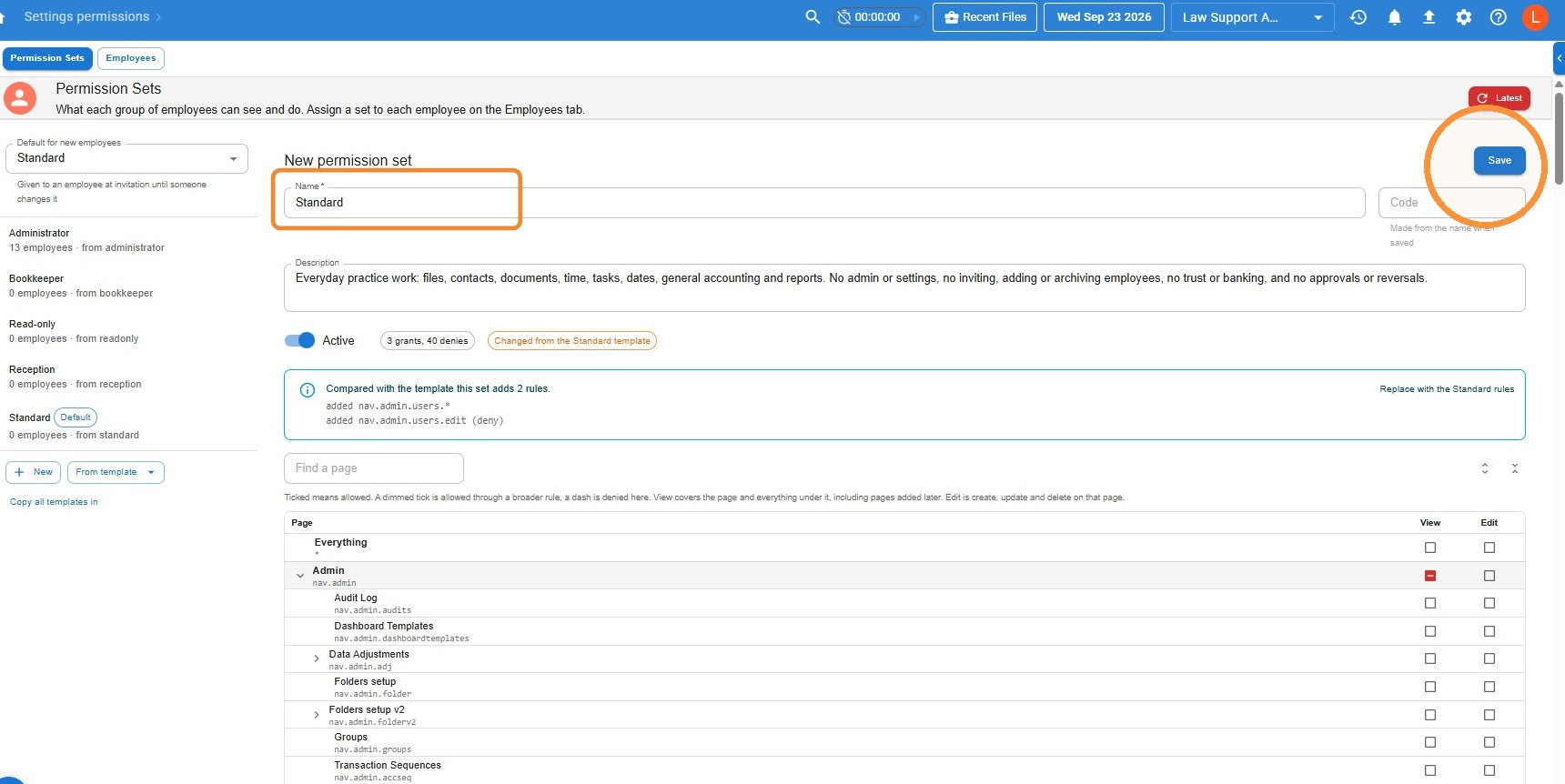 New permission set screen in Law App, highlighting the Name field and the Save button