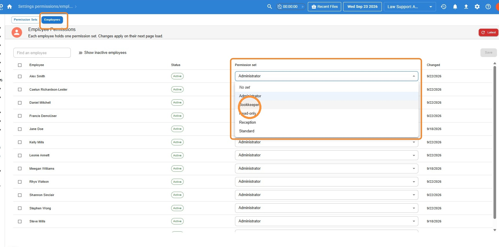 Employee Permissions screen in Law App with the Permission set dropdown open for an employee, showing the available sets including Bookkeeper