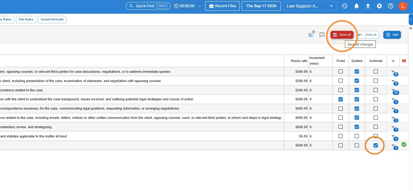 Rate Codes and variants screen with a rate code's Archived checkbox ticked and the Save all button circled