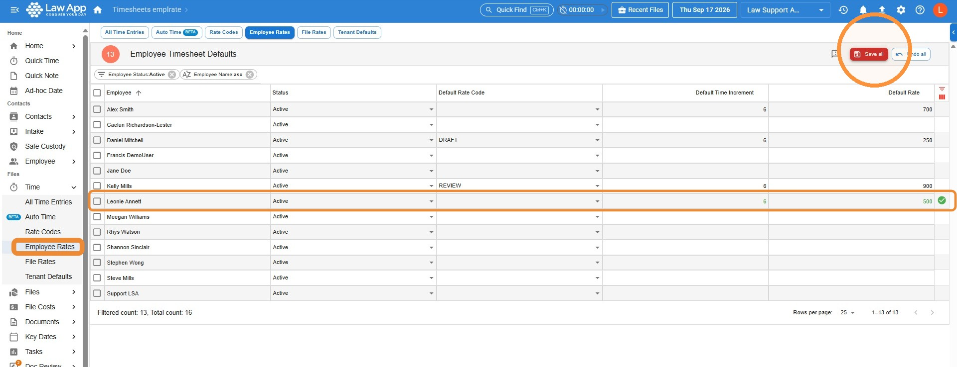 Employee Timesheet Defaults screen with an employee's default rate entered and the Save all button circled