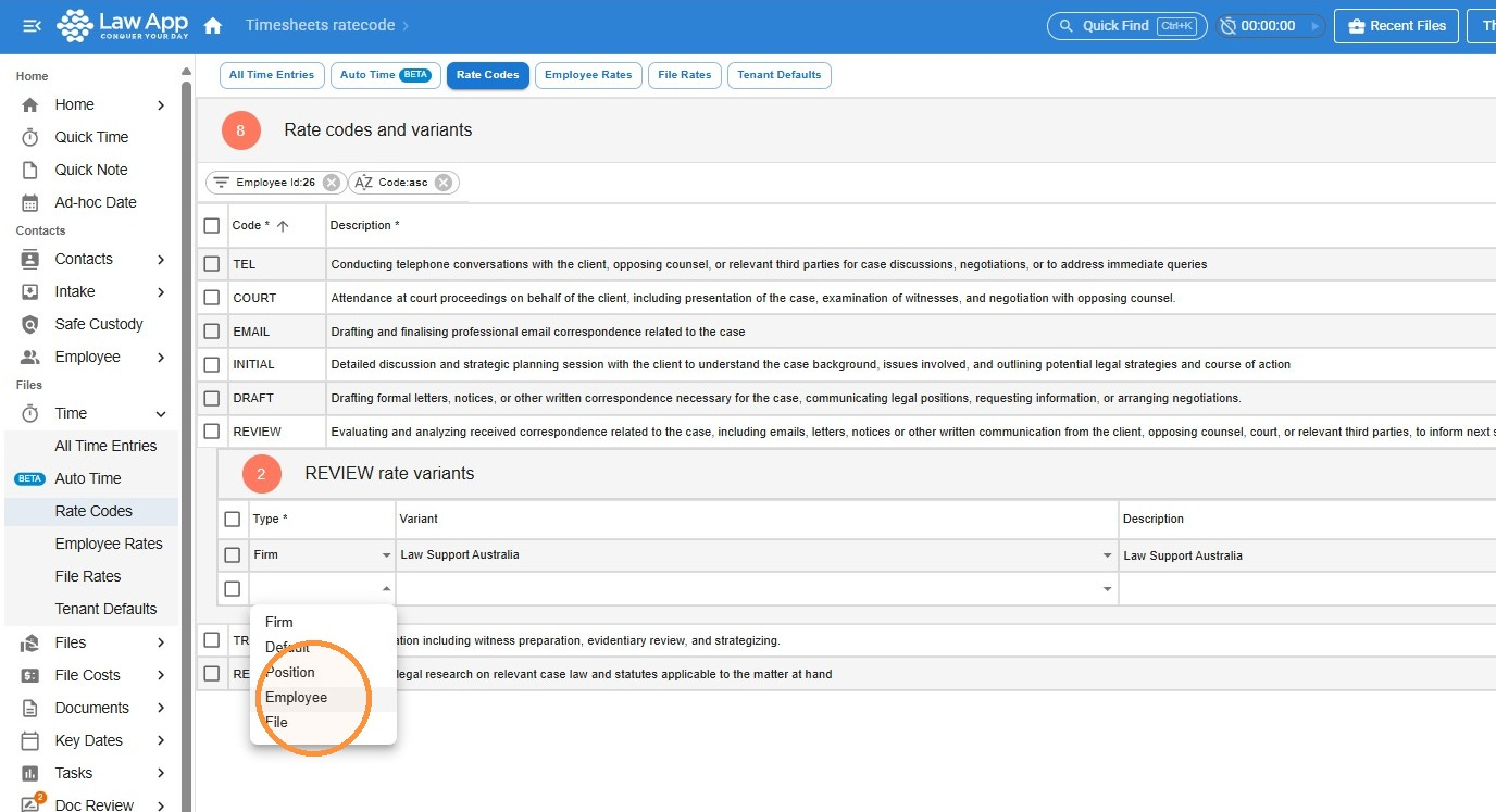 Type drop-down open on a rate variant, with Employee circled in the list of options