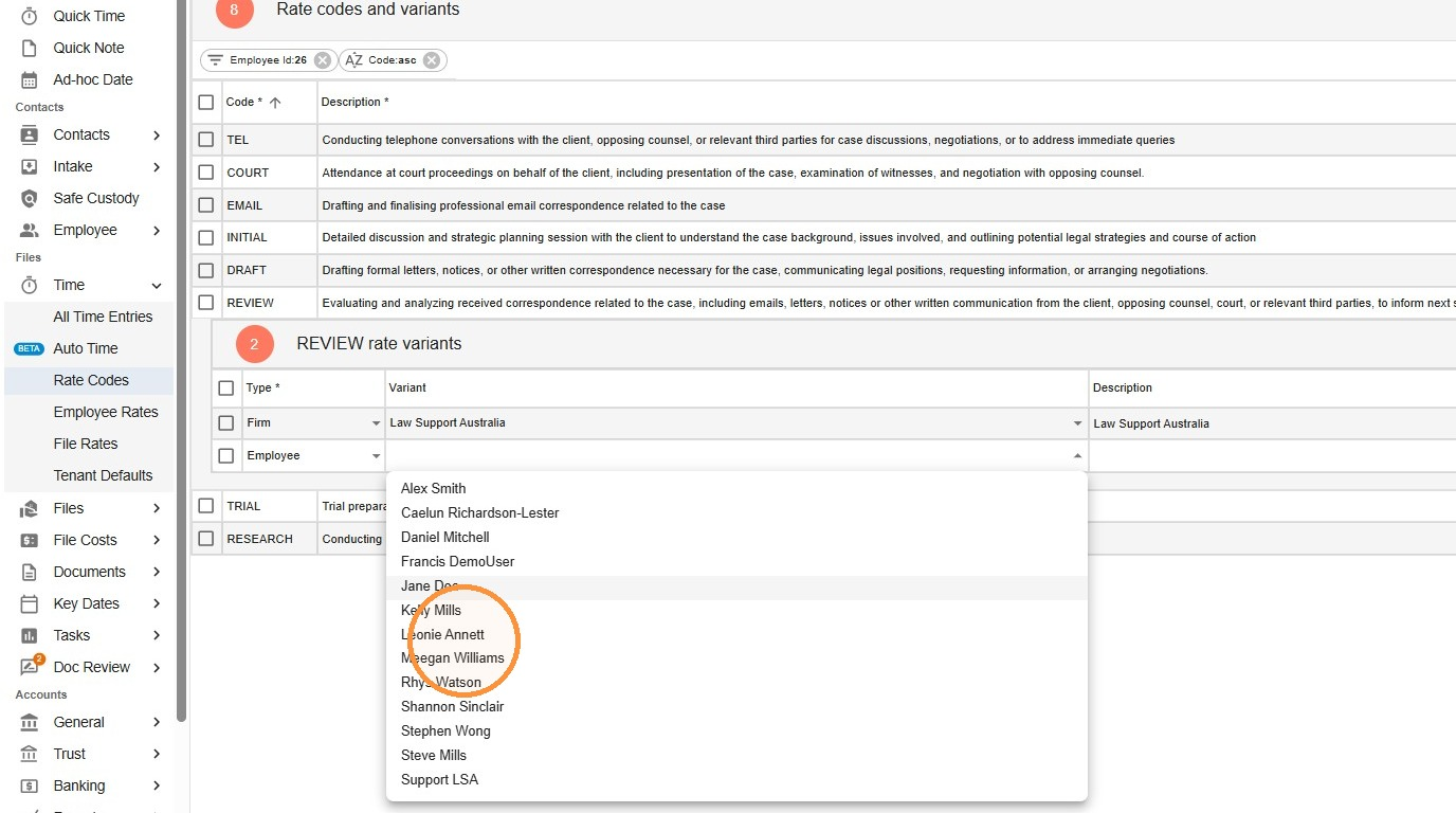 Variant field drop-down open on a rate variant, with an employee circled in the list of employees