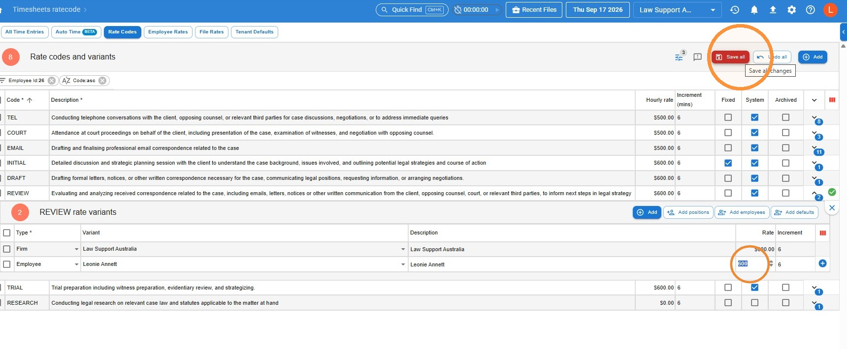 Rate variants panel with the rate field entered and the Save all button circled