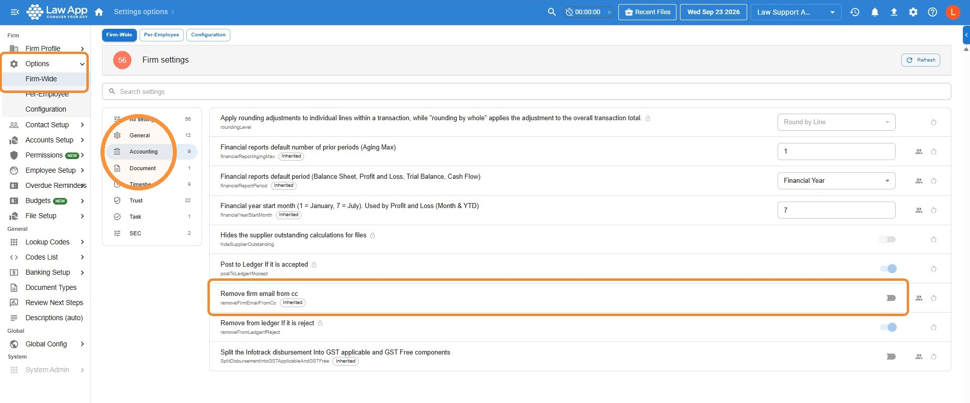 Law App Firm settings screen with Options and Firm-Wide highlighted in the left menu, Accounting selected in the settings categories, and the Remove firm email from cc toggle highlighted