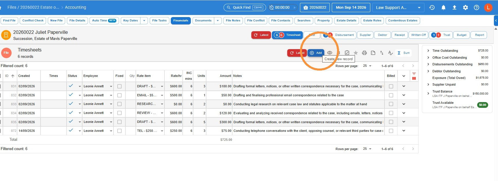 Financials tab of a file showing the Add button circled, with a Create new record tooltip