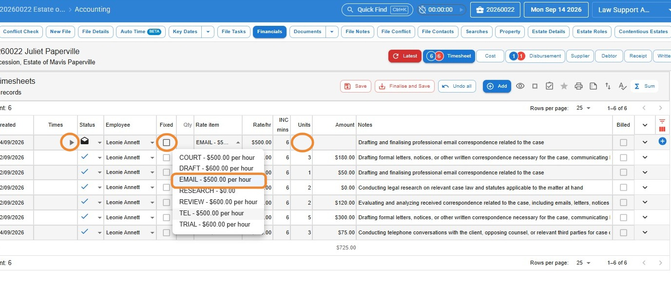Timesheet within a file showing the Play button, Fixed checkbox and Rate Item drop-down circled