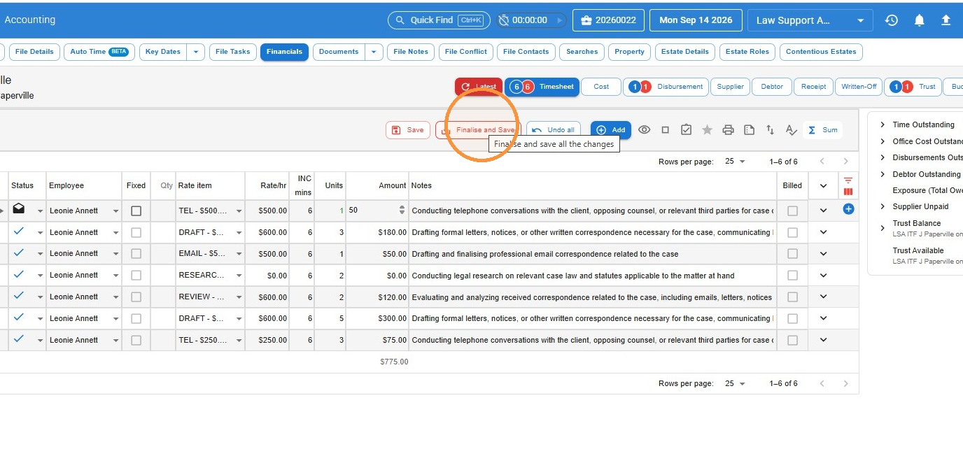 Finalise and Save button circled at the top of a file's timesheet