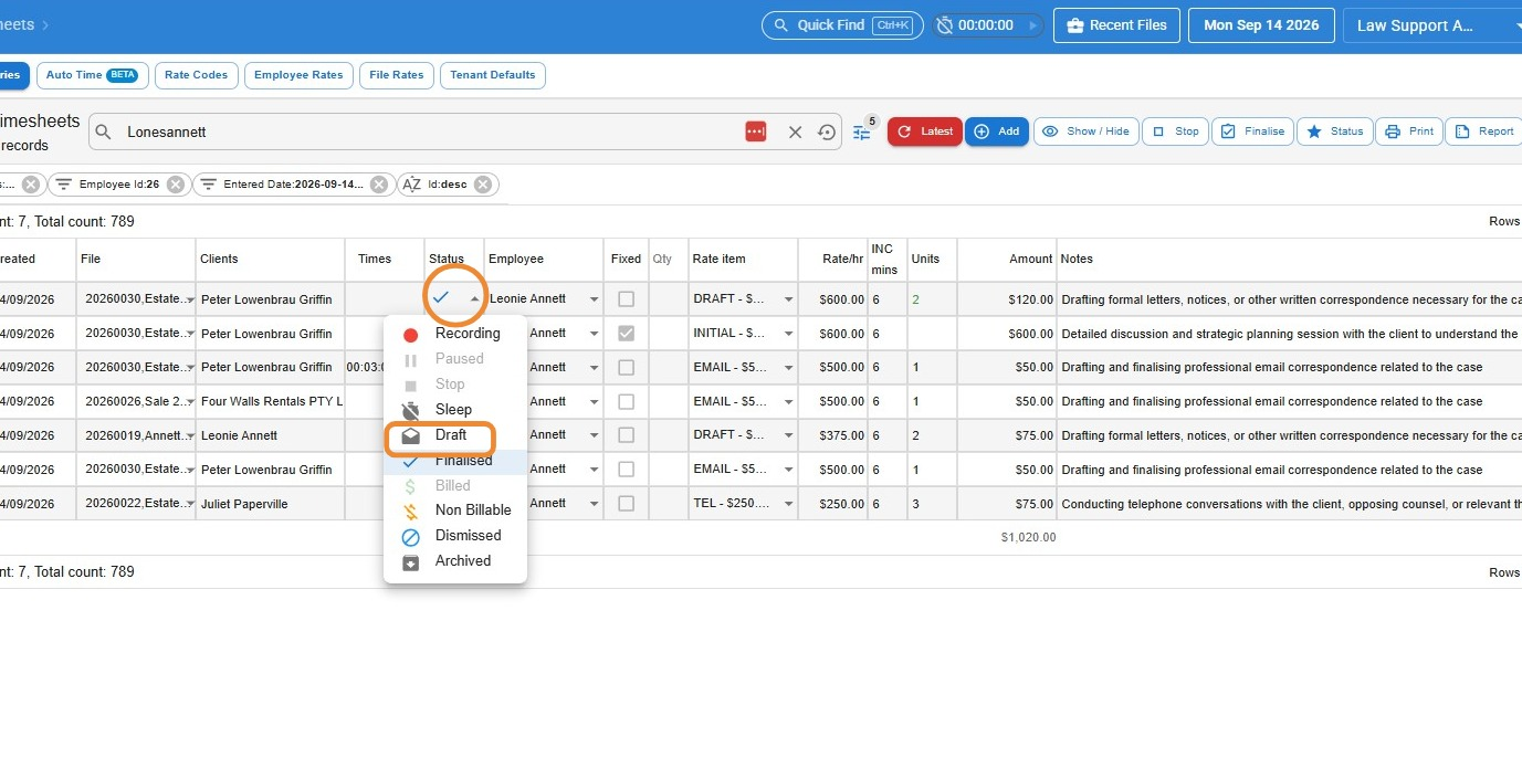 Status drop-down open on a time entry, with Draft circled in the list of status options