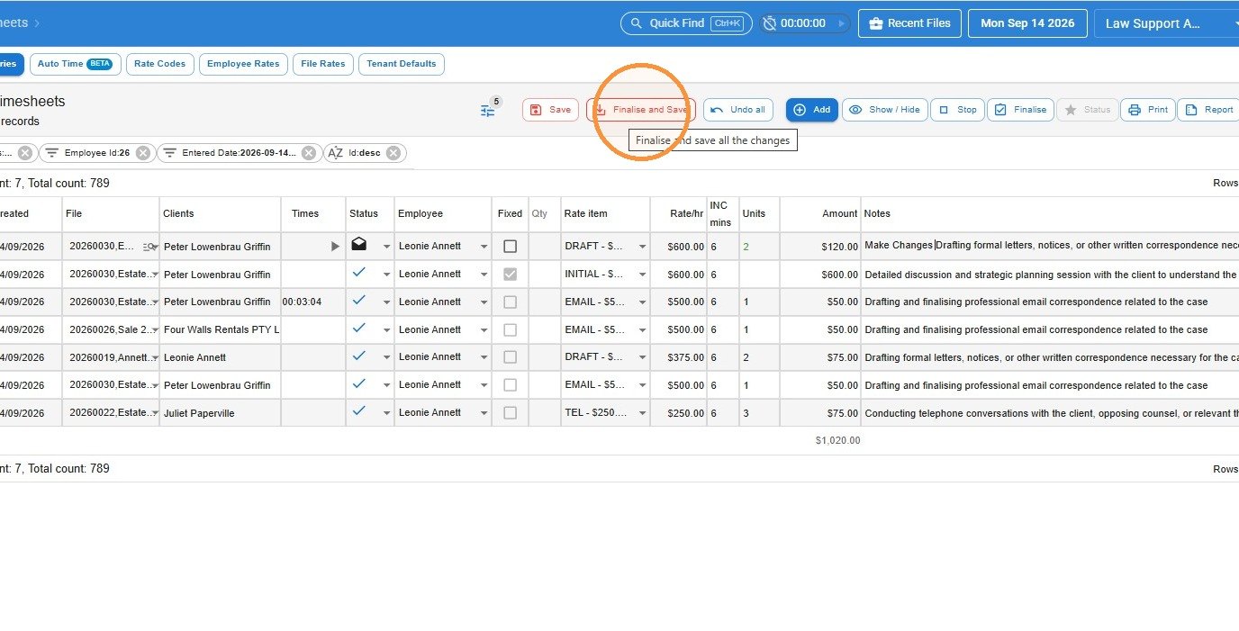 Finalise and Save button circled after editing a time entry's notes