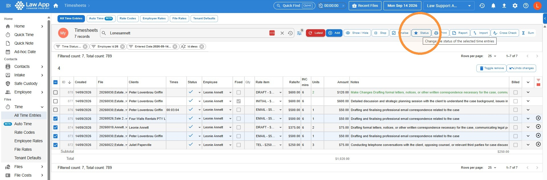 Status button circled at the top of the Timesheets screen, with several time entries selected