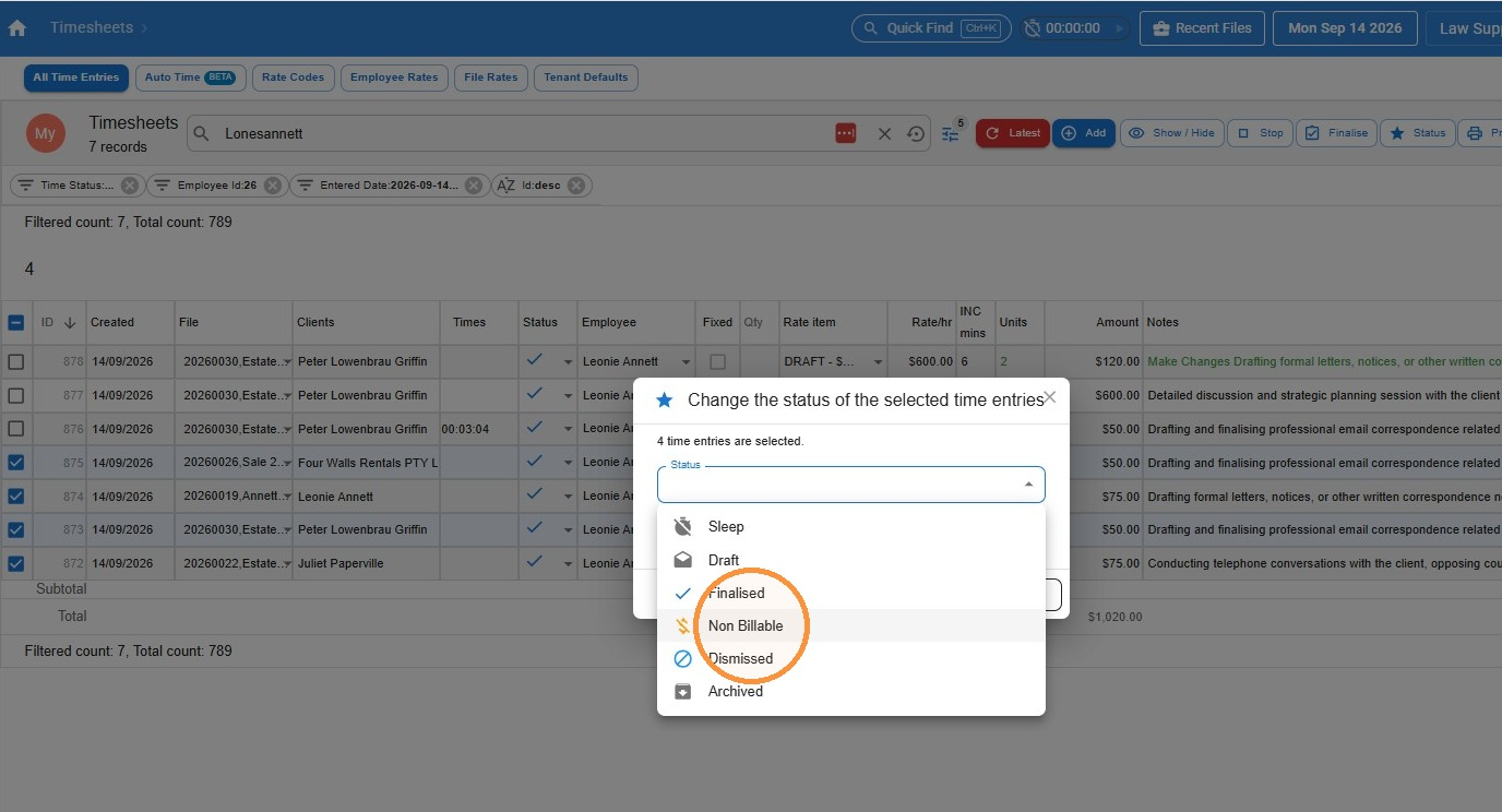 Change the status of the selected time entries dialog, with Non Billable circled in the Status drop-down