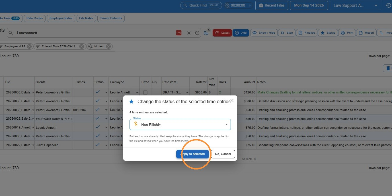Change the status of the selected time entries dialog, with the Apply to selected button circled