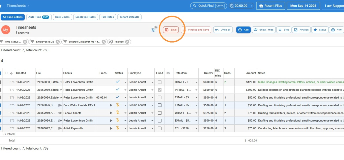 Save button circled at the top of the Timesheets screen, with the selected entries now showing a Non Billable status