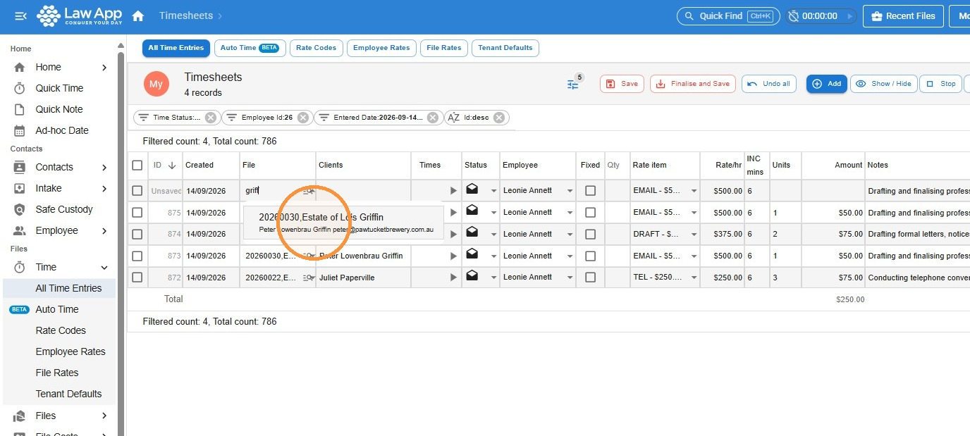 File Number field in a time entry row with a drop-down list of matching files, with the matching result circled