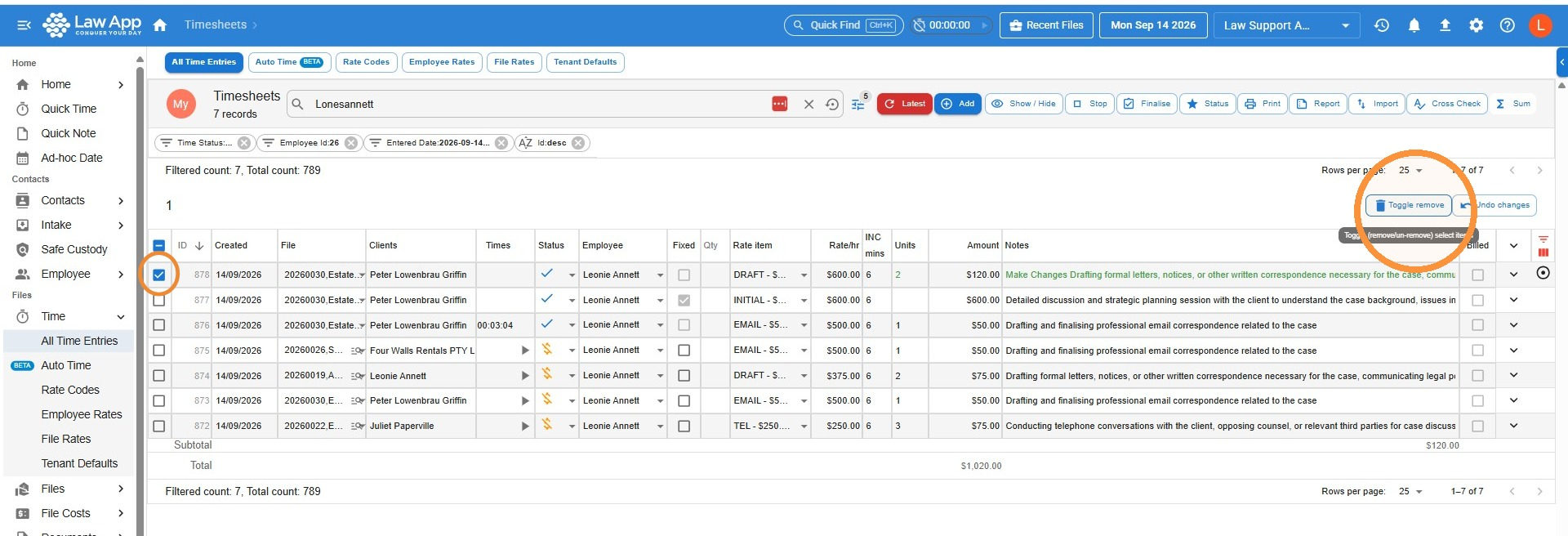 Toggle remove button circled at the top right of the Timesheets screen, with a time entry selected
