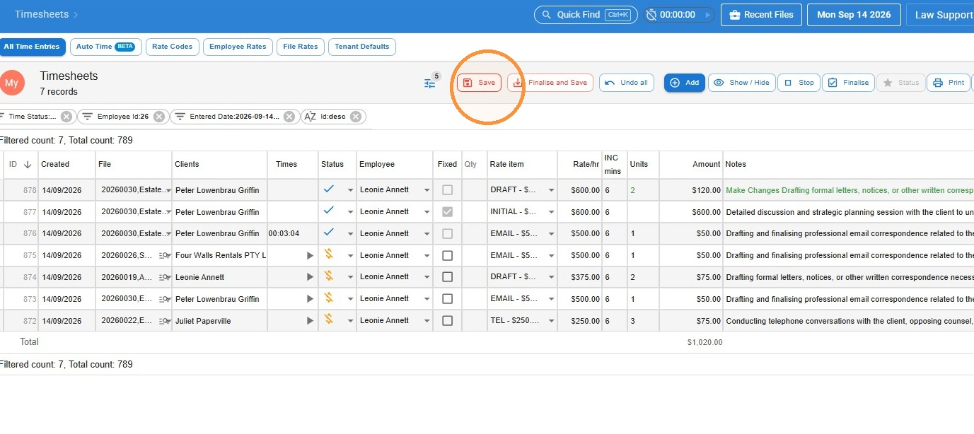 Save button circled at the top of the Timesheets screen after removing a time entry
