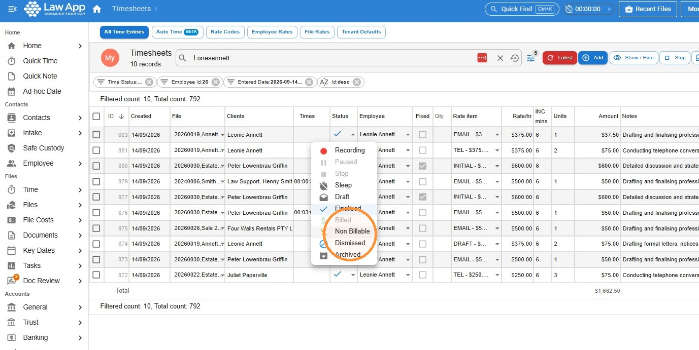 Status drop-down open on a time entry, with Non Billable circled in the list of status options
