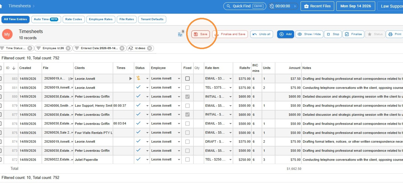 Save button circled at the top of the Timesheets screen after marking a time entry Non Billable