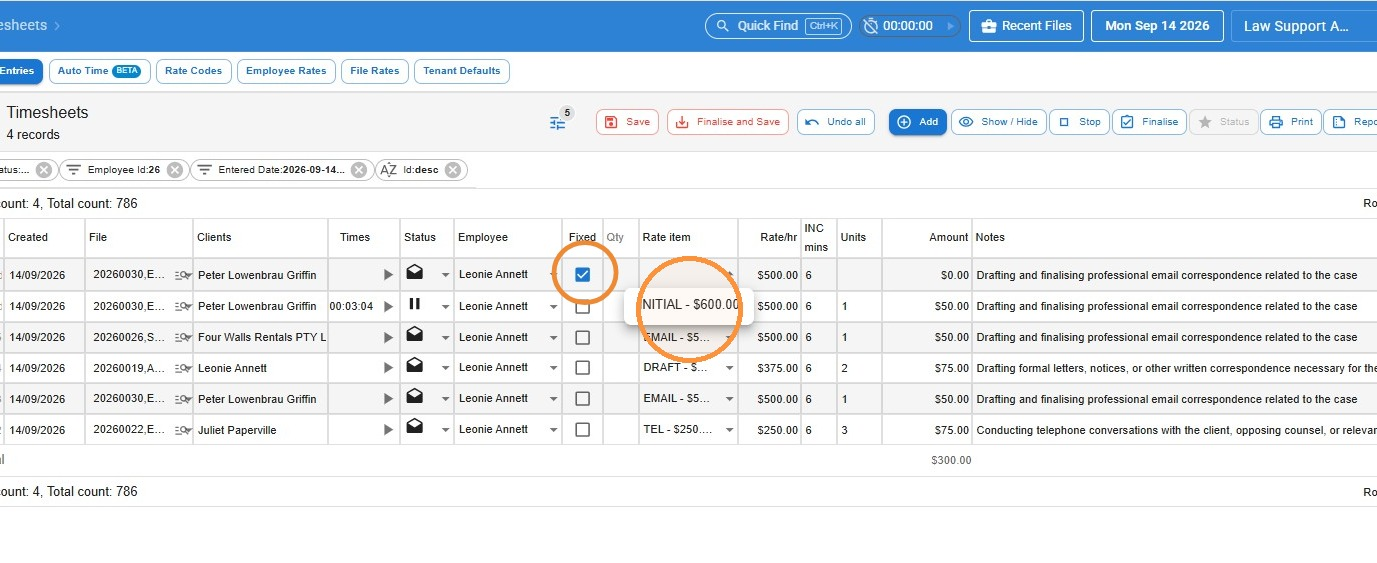 Time entry row with the Fixed Item checkbox ticked and the Rate Item drop-down showing a fixed-rate item, both circled
